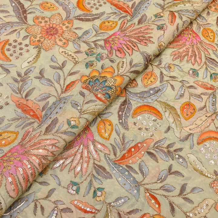 Glass Organza Print Zari With Sequins Embroidery Fabrics