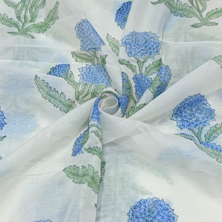 White Silk Chanderi Fabric with Marigold Motif Print