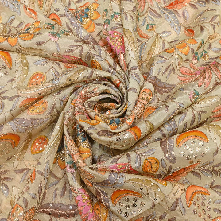Glass Organza Print Zari With Sequins Embroidery Fabrics