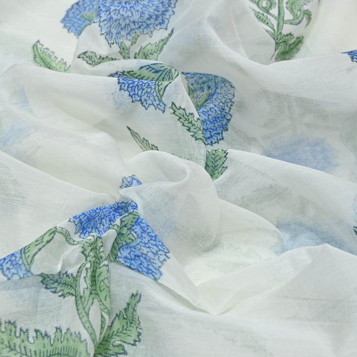 White Silk Chanderi Fabric with Marigold Motif Print