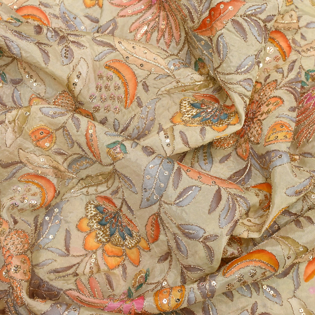 Glass Organza Print Zari With Sequins Embroidery Fabrics