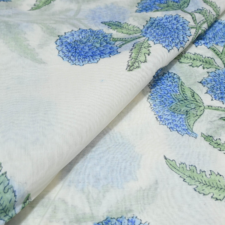 White Silk Chanderi Fabric with Marigold Motif Print