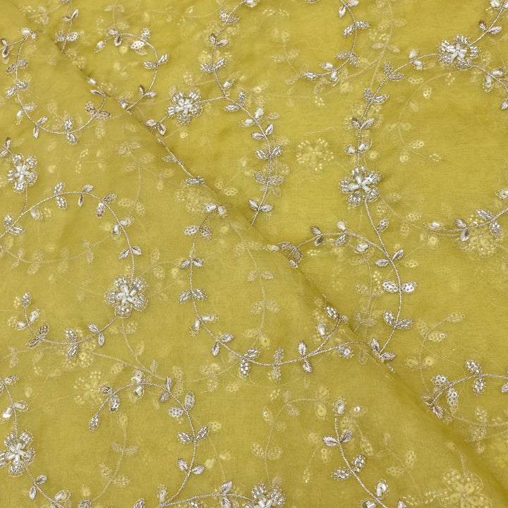 Dyed Silk Organza Zari With Moti Sequins Embroidery Fabrics