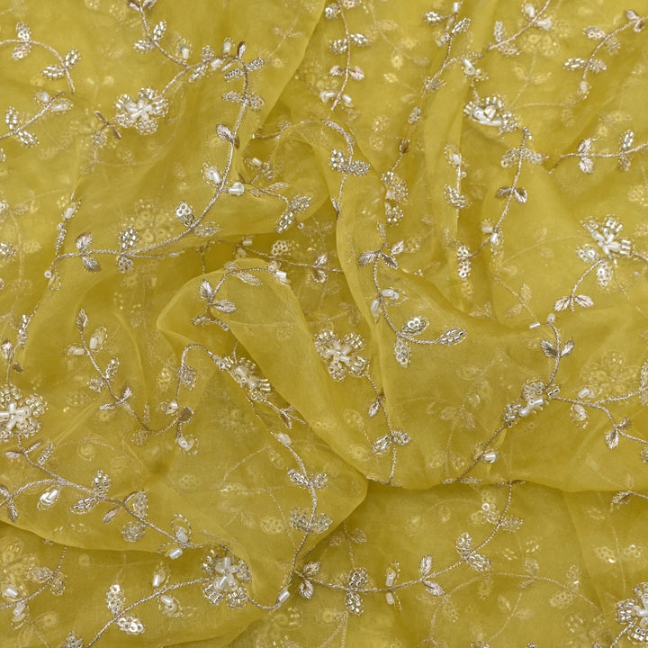 Dyed Silk Organza Zari With Moti Sequins Embroidery Fabrics