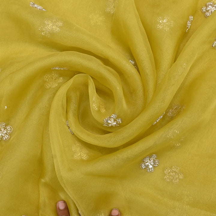 Dyed Silk Organza Zari With Moti Sequins Embroidery Fabrics