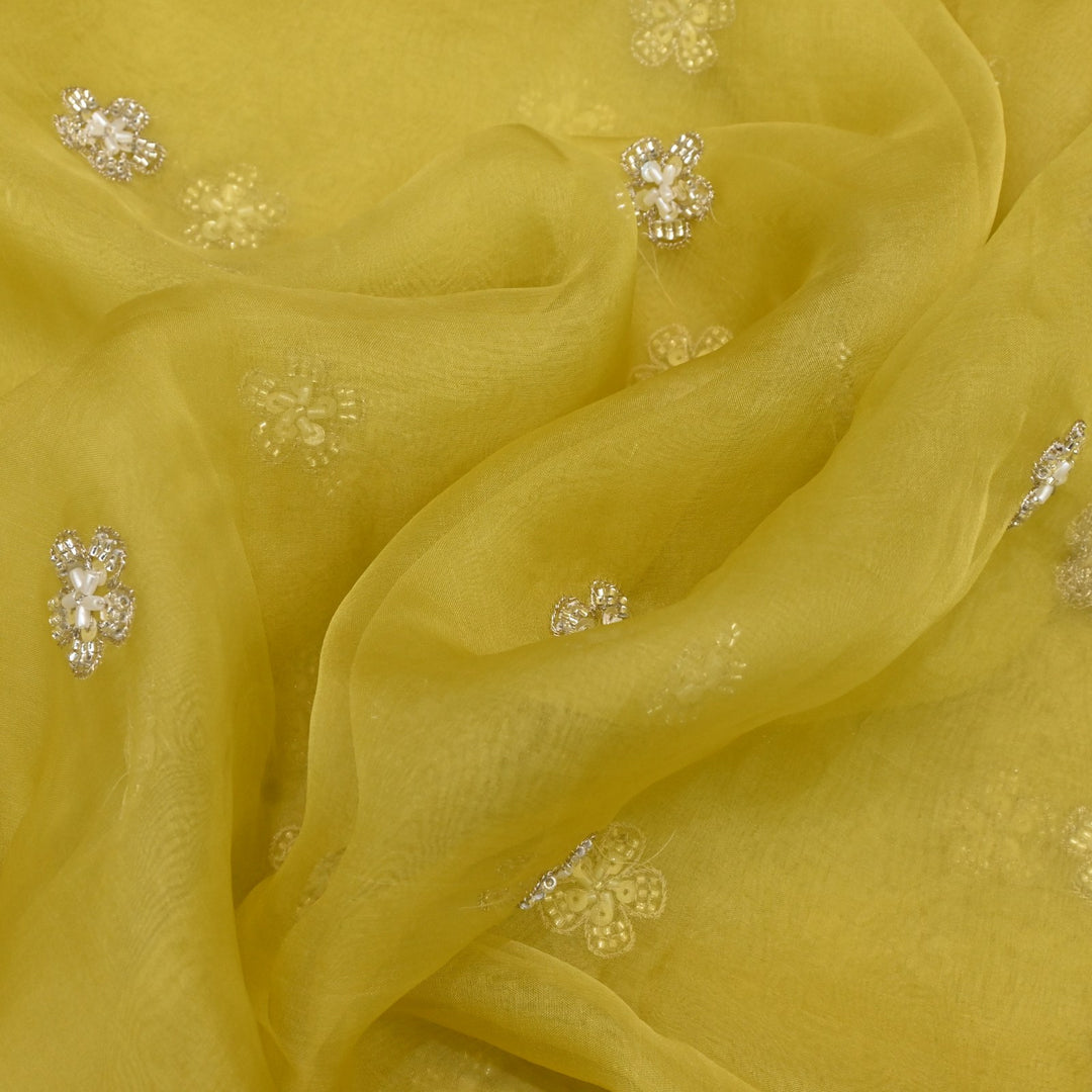 Dyed Silk Organza Zari With Moti Sequins Embroidery Fabrics