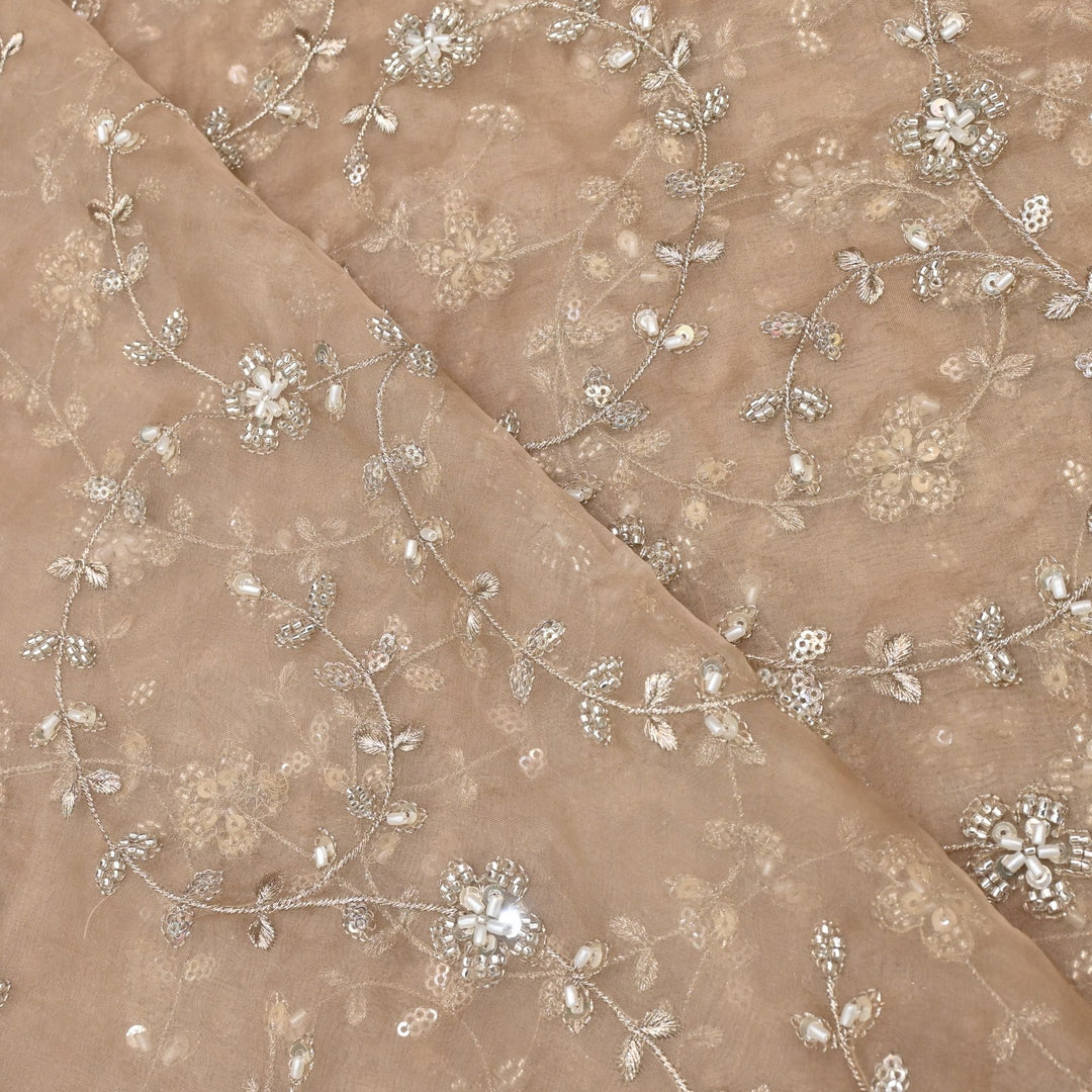 Dyed Silk Organza Zari With Moti Sequins Embroidery Fabrics
