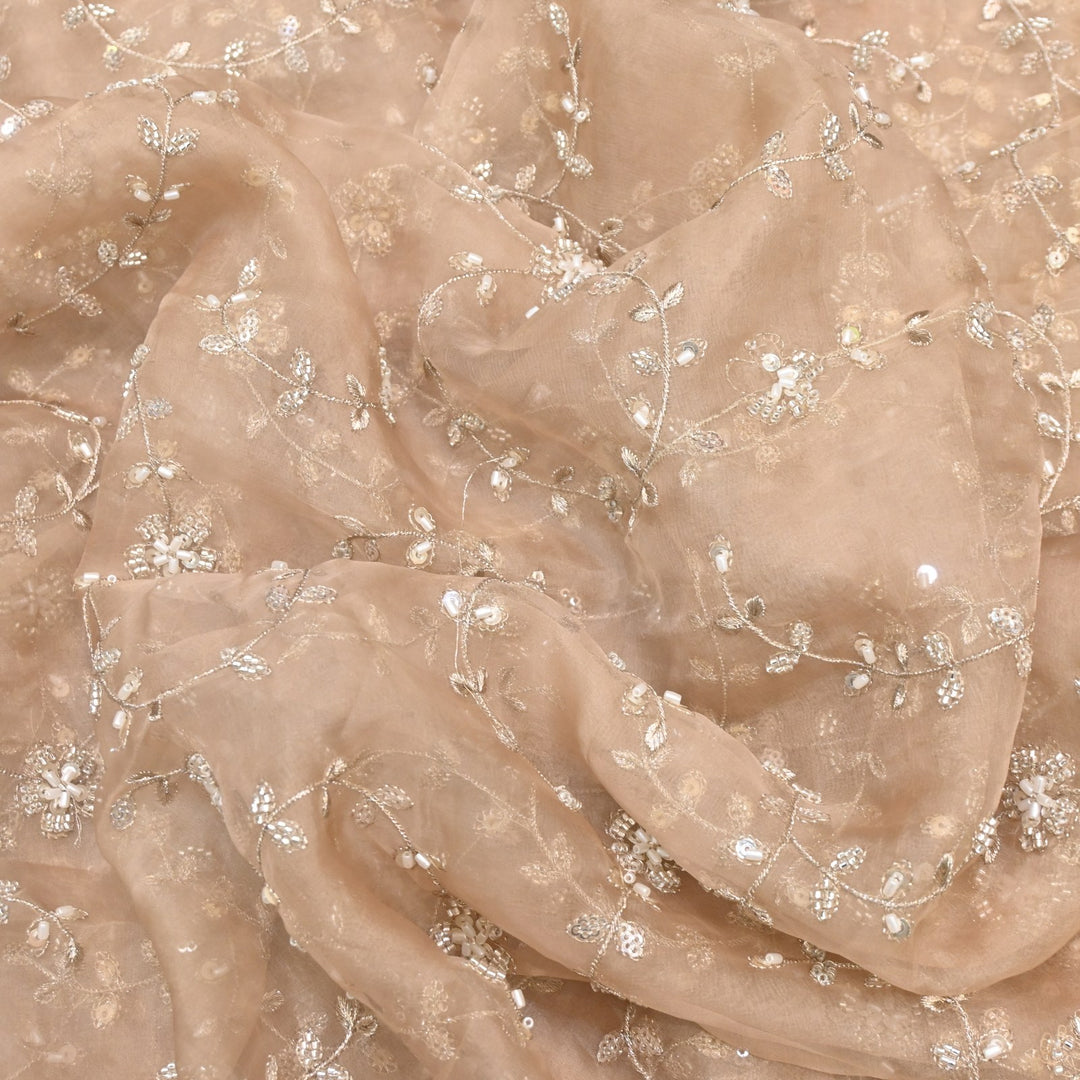 Dyed Silk Organza Zari With Moti Sequins Embroidery Fabrics