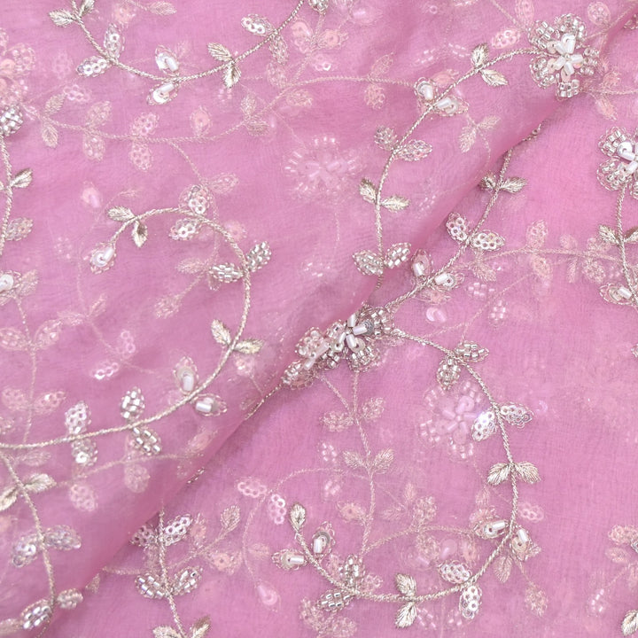 Dyed Silk Organza Zari With Moti Sequins Embroidery Fabrics