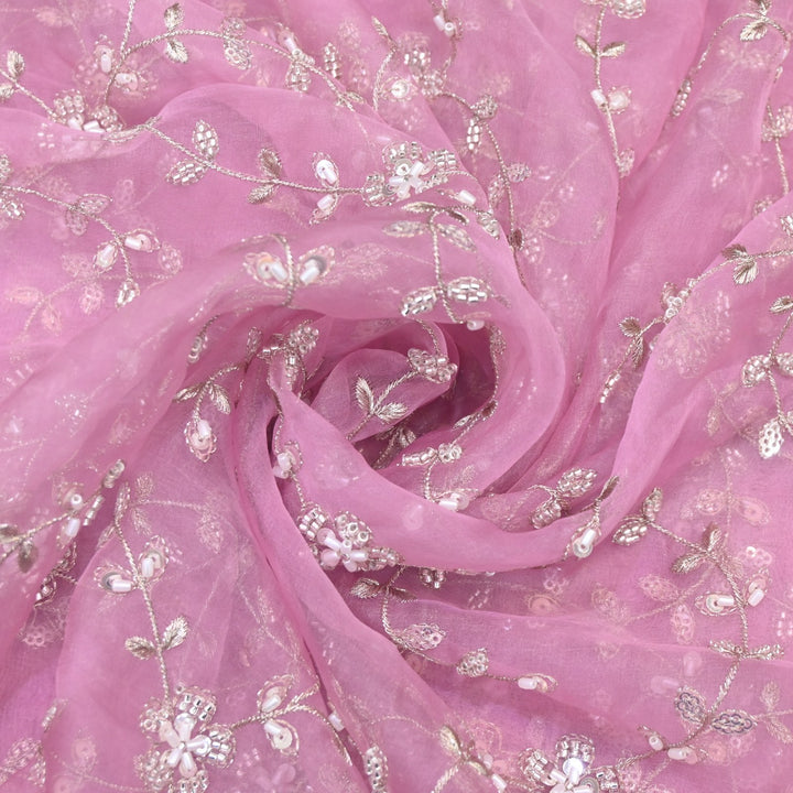 Dyed Silk Organza Zari With Moti Sequins Embroidery Fabrics