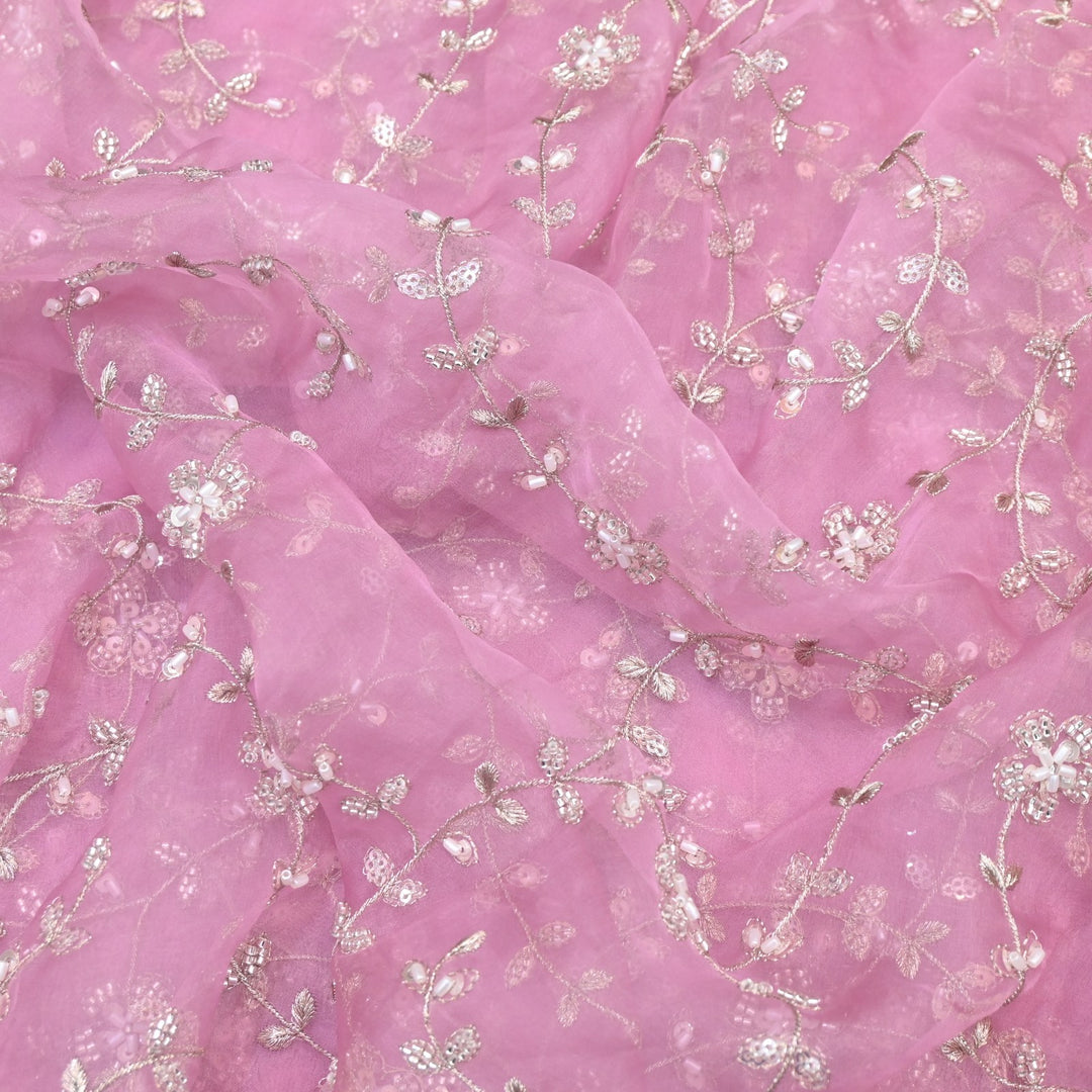 Dyed Silk Organza Zari With Moti Sequins Embroidery Fabrics