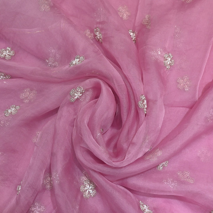 Dyed Silk Organza Zari With Moti Sequins Embroidery Fabrics