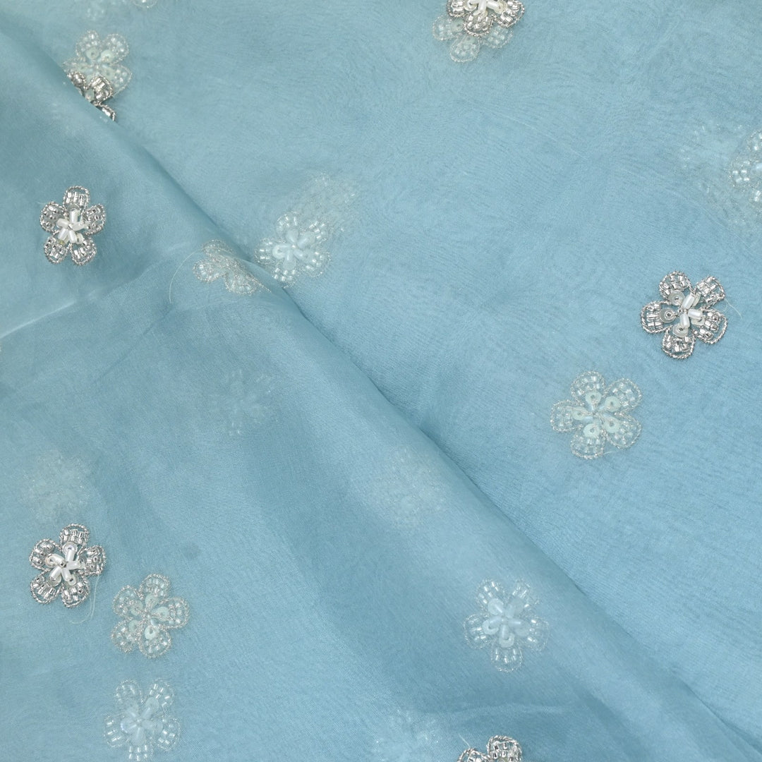 Dyed Silk Organza Zari With Moti Sequins Embroidery Fabrics