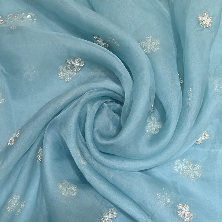 Dyed Silk Organza Zari With Moti Sequins Embroidery Fabrics