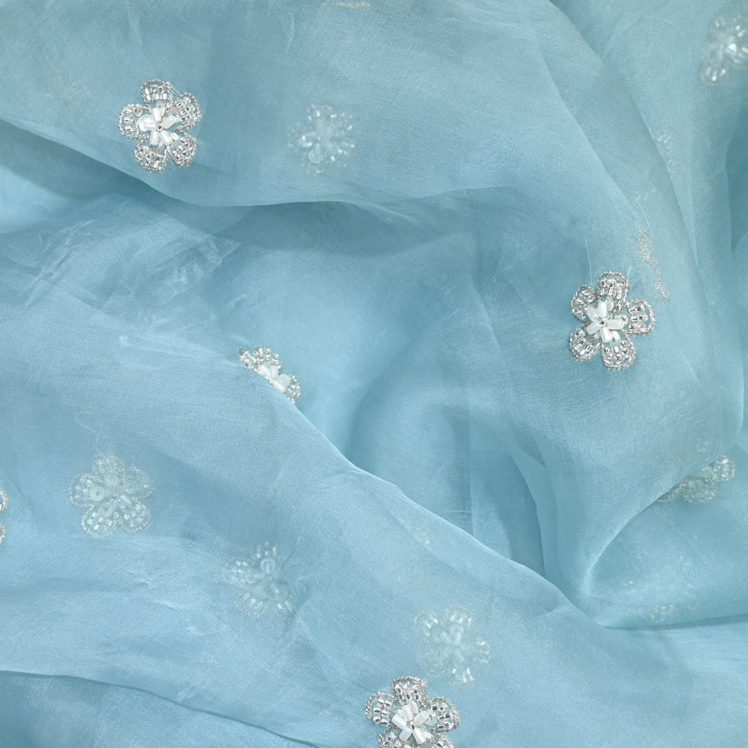 Dyed Silk Organza Zari With Moti Sequins Embroidery Fabrics