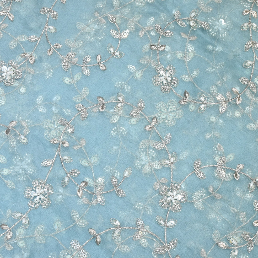 Dyed Silk Organza Zari With Moti Sequins Embroidery Fabrics