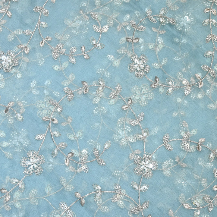 Dyed Silk Organza Zari With Moti Sequins Embroidery Fabrics
