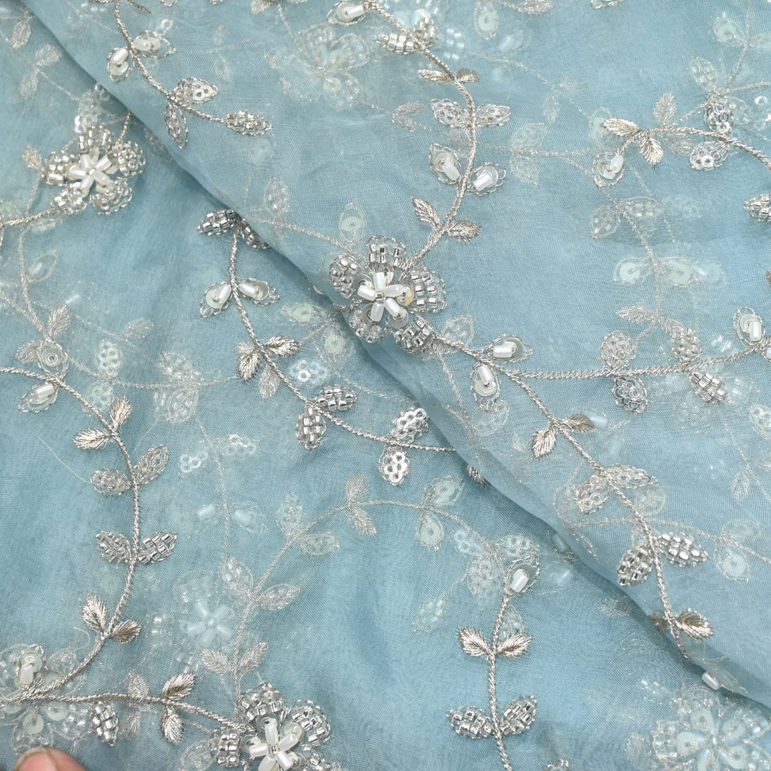 Dyed Silk Organza Zari With Moti Sequins Embroidery Fabrics