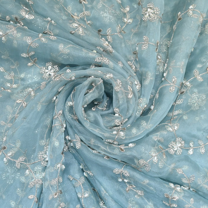 Dyed Silk Organza Zari With Moti Sequins Embroidery Fabrics