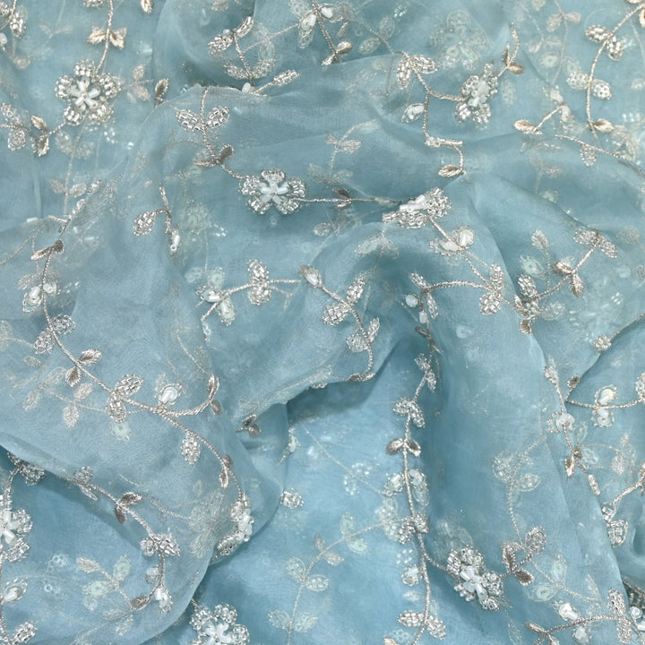 Dyed Silk Organza Zari With Moti Sequins Embroidery Fabrics