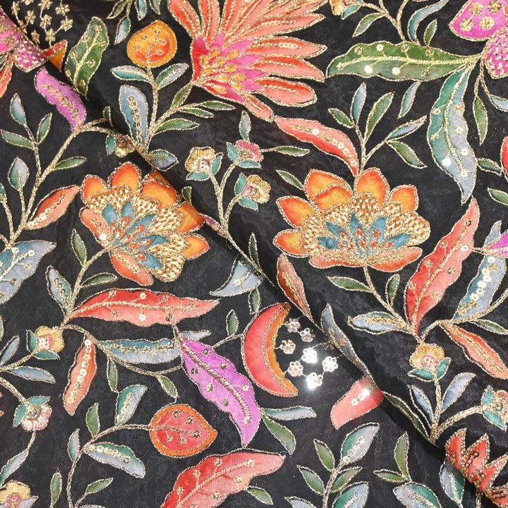 Glass Organza Print Zari With Sequins Embroidery Fabrics