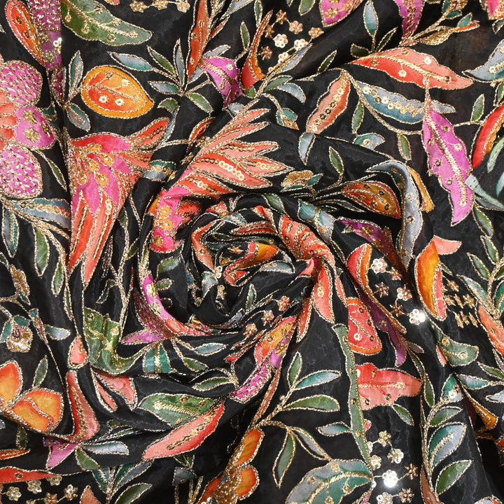 Glass Organza Print Zari With Sequins Embroidery Fabrics