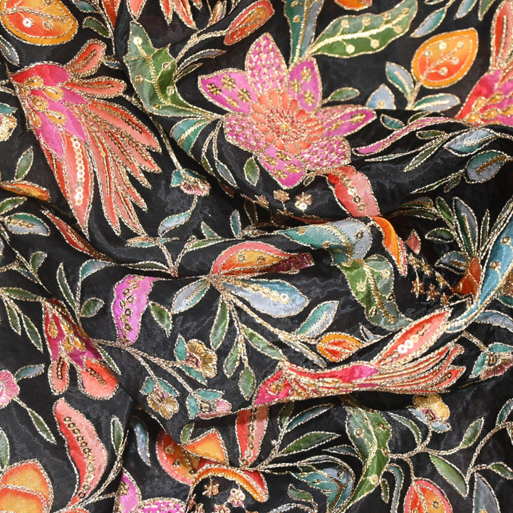 Glass Organza Print Zari With Sequins Embroidery Fabrics