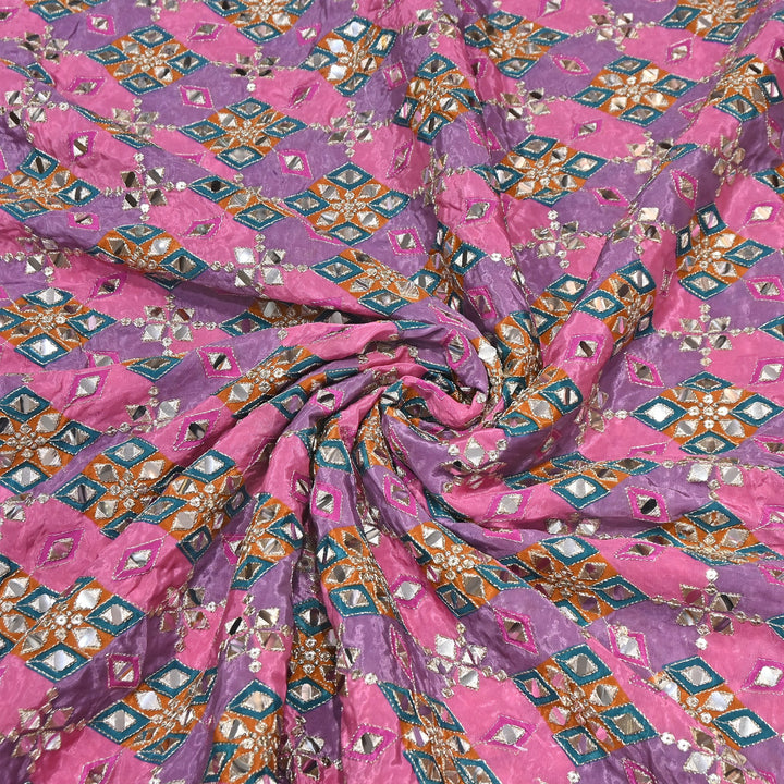Multi Color Crepe Position Print Zari & Mirror Embroidery Fabric – Designer Crepe Fabric | YC4118-1
