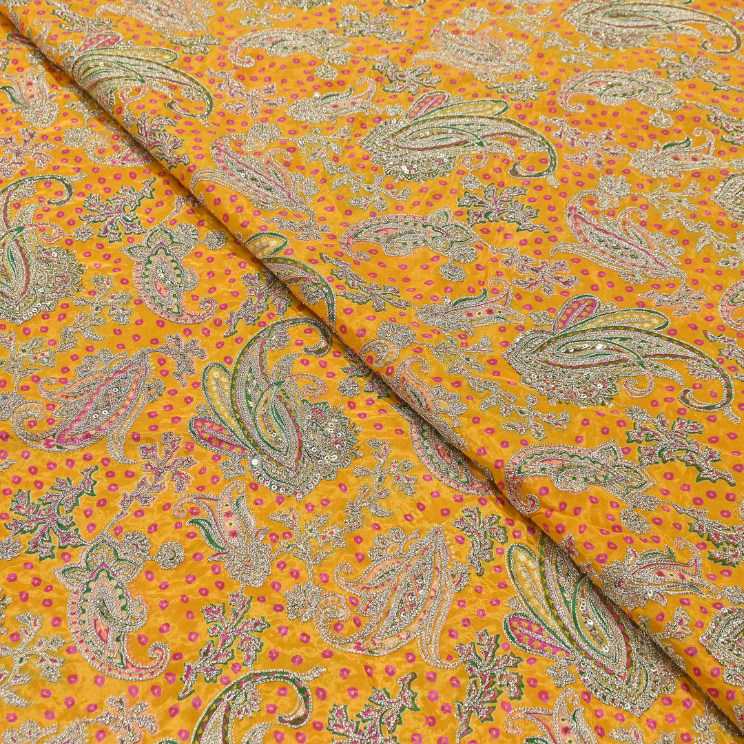 Crape Position Print Zari & Sequins Embroidery Fabric | Premium Designer Embroidered Fabric | V3524C-01