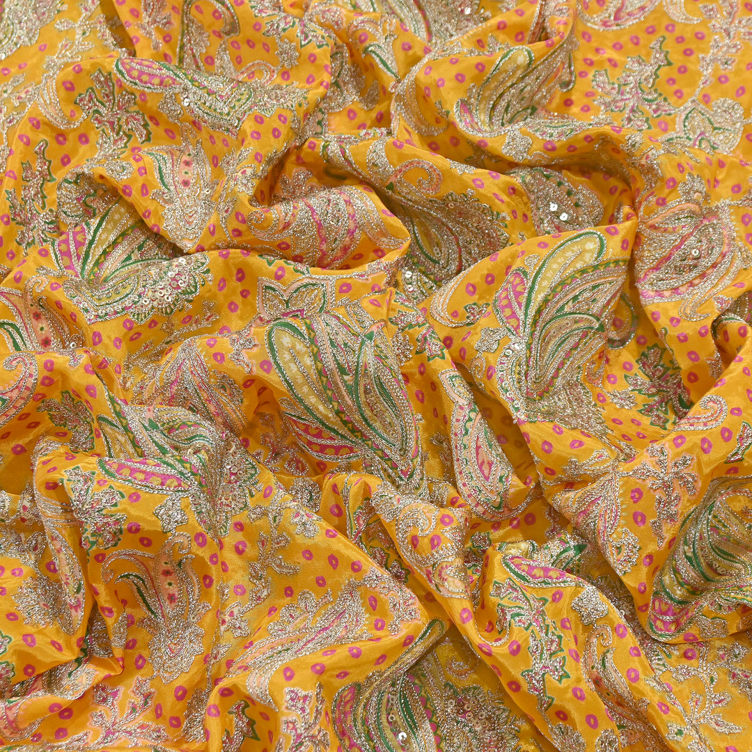 Crape Position Print Zari & Sequins Embroidery Fabric | Premium Designer Embroidered Fabric | V3524C-01