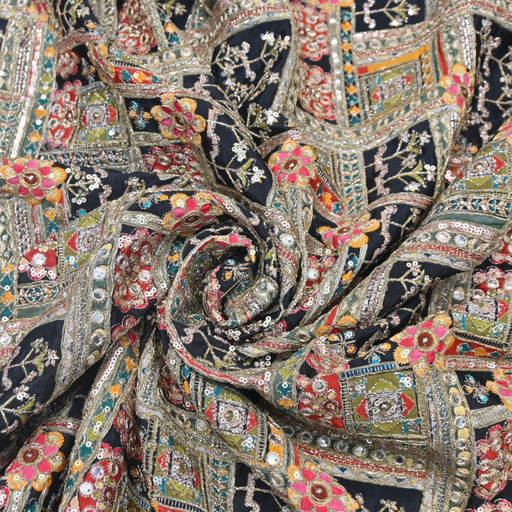 Beautiful Designer Crepe Position Prints, Zari & Sequin Embroidery Fabrics
