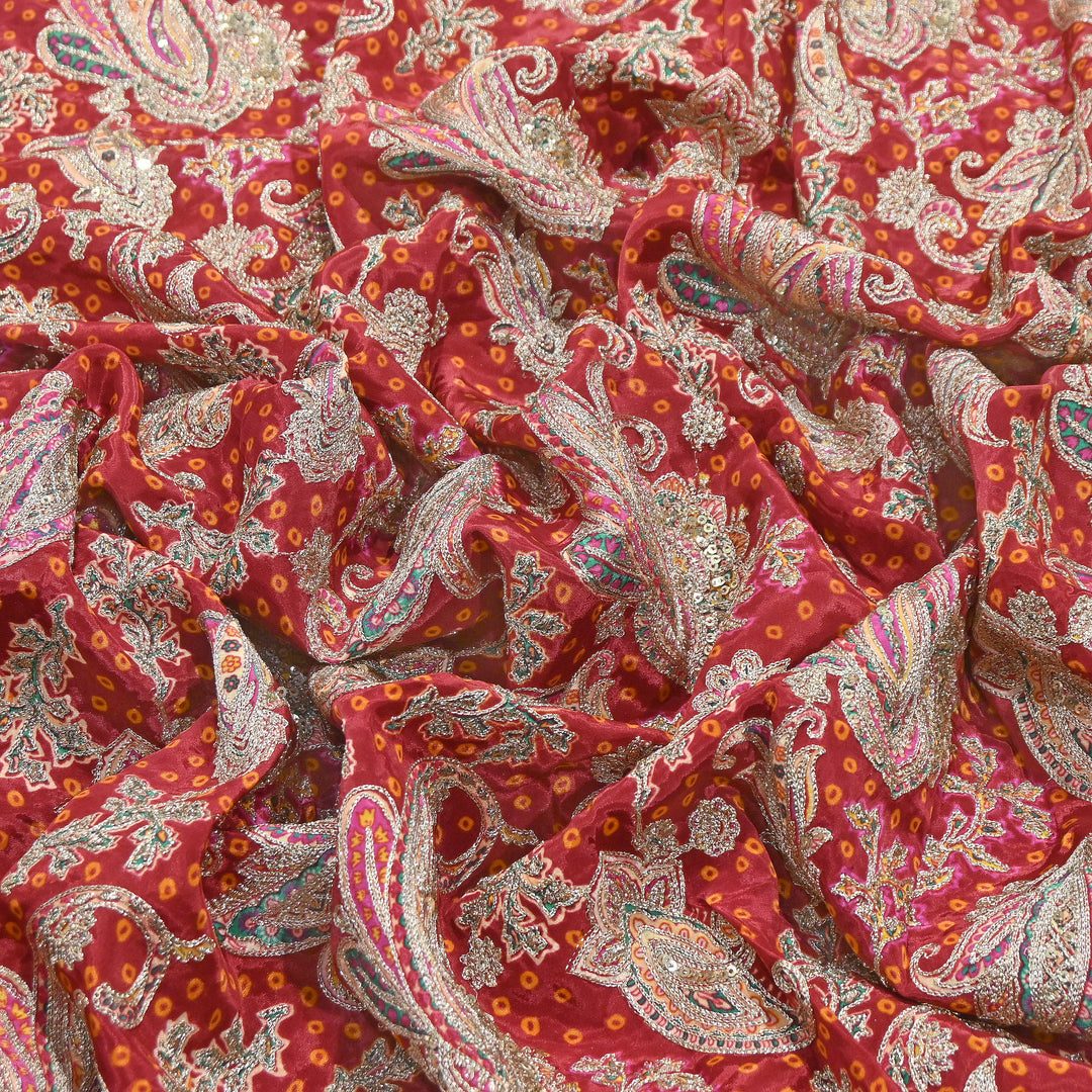Crape Position Print Zari & Sequins Embroidery Fabric | Premium Designer Embroidered Fabric | V3524C-04