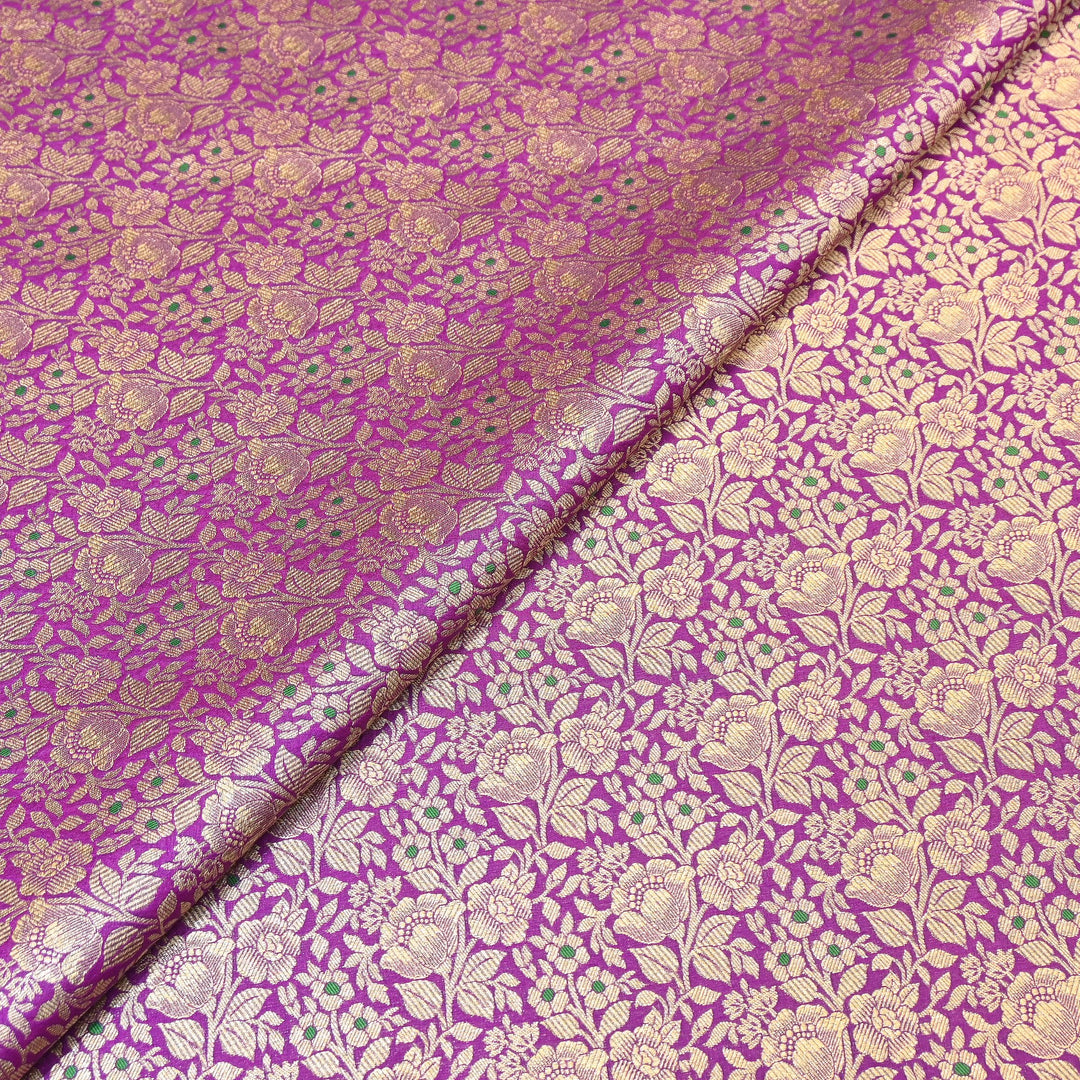 Premium Katan Silk Meena Brocade Fabric | Gold Zari Floral Brocade | OEW325-01