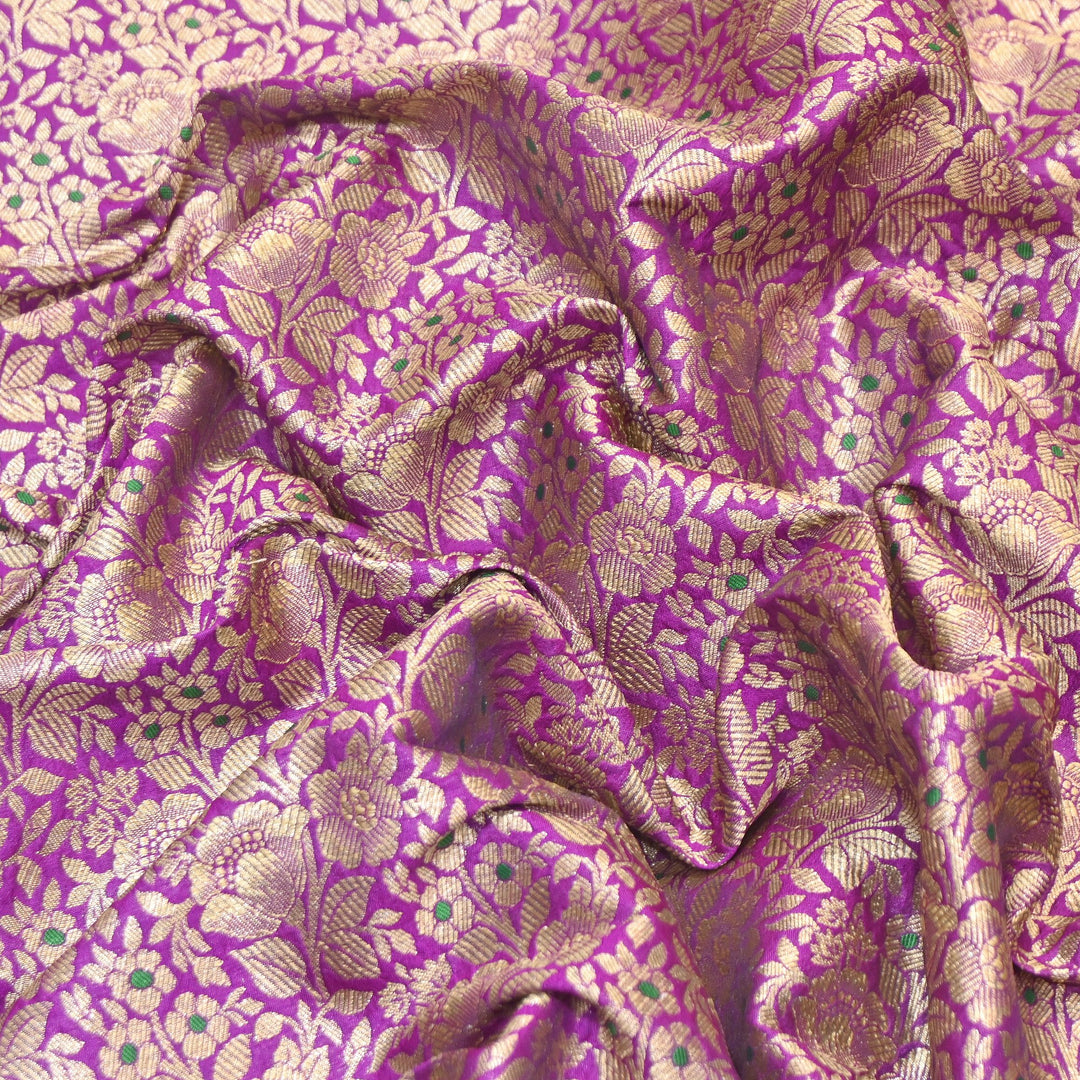Premium Katan Silk Meena Brocade Fabric | Gold Zari Floral Brocade | OEW325-01
