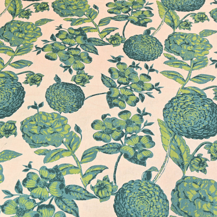 Blush Pink Cotton Linen Green Print Fabric