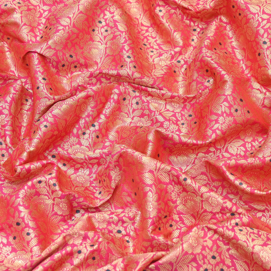 Premium Katan Silk Meena Brocade Fabric | Gold Zari Floral Brocade | OEW325-03