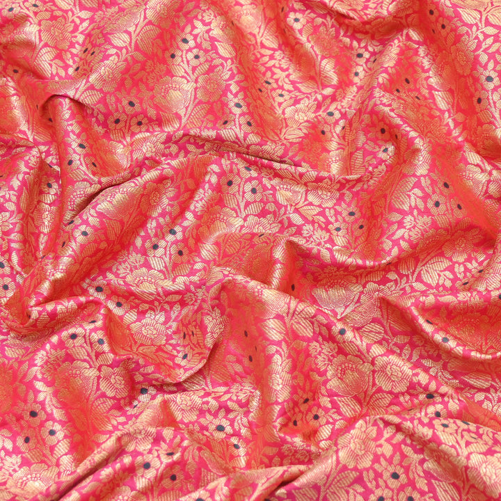 Premium Katan Silk Meena Brocade Fabric | Gold Zari Floral Brocade | OEW325-03