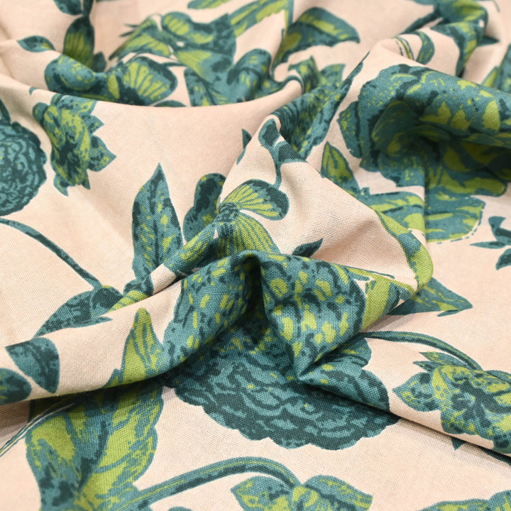 Blush Pink Cotton Linen Green Print Fabric