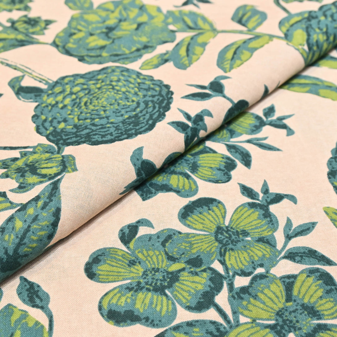 Blush Pink Cotton Linen Green Print Fabric