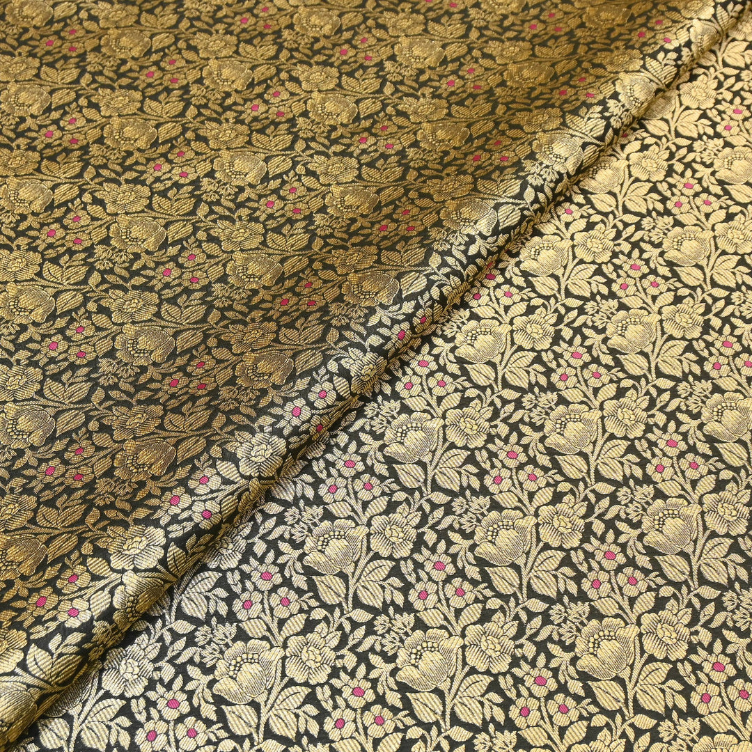 Premium Katan Silk Meena Brocade Fabric | Gold Zari Floral Brocade | OEW325-04