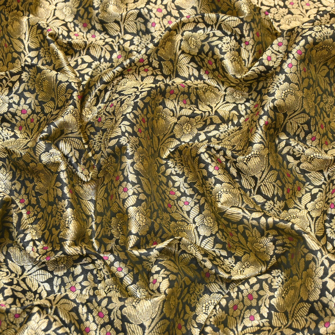 Premium Katan Silk Meena Brocade Fabric | Gold Zari Floral Brocade | OEW325-04