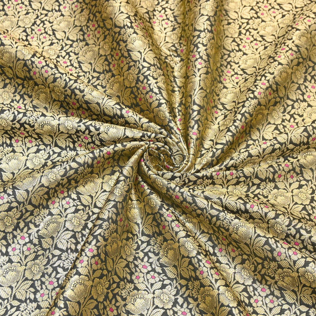 Premium Katan Silk Meena Brocade Fabric | Gold Zari Floral Brocade | OEW325-04