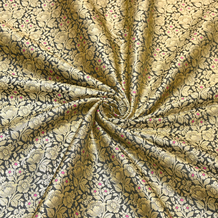 Premium Katan Silk Meena Brocade Fabric | Gold Zari Floral Brocade | OEW325-04