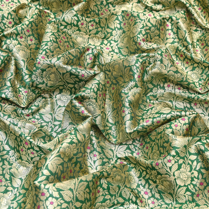 Premium Katan Silk Meena Brocade Fabric | Gold Zari Floral Brocade | OEW325-08