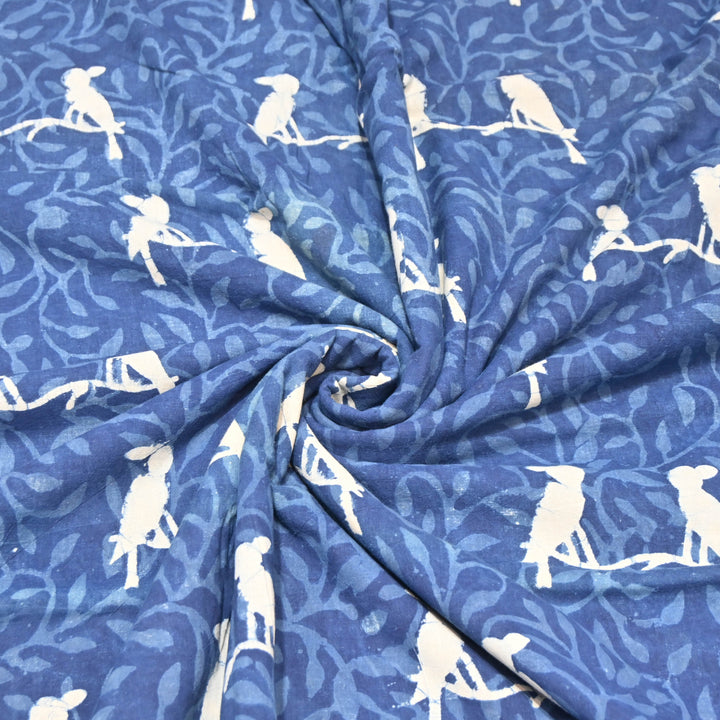 Navy Blue Cotton Hand Block Bird Print