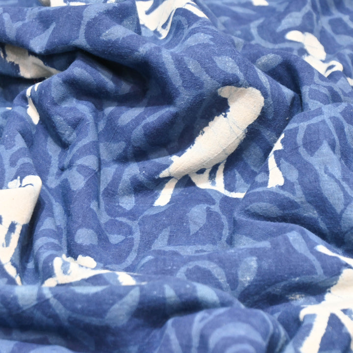 Navy Blue Cotton Hand Block Bird Print