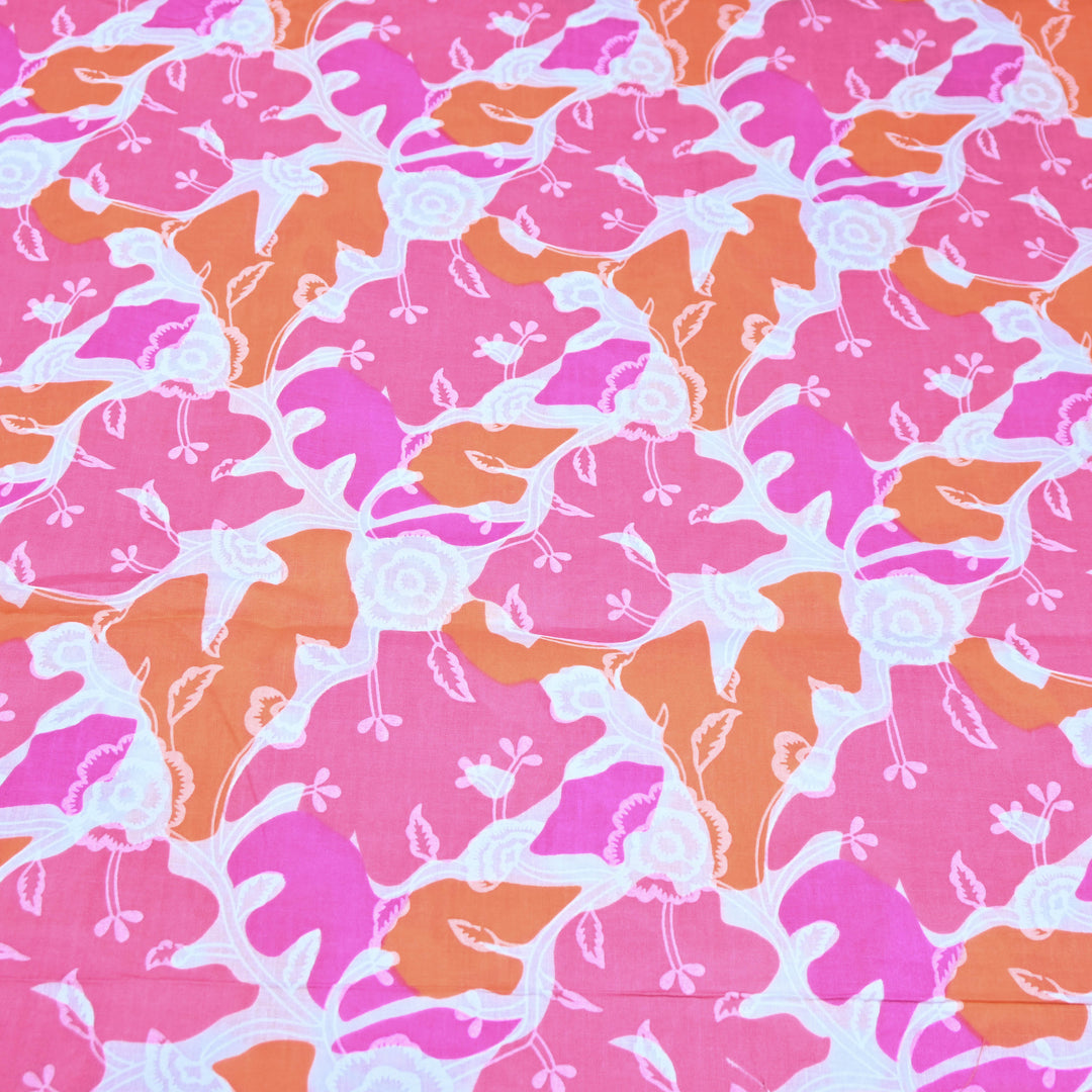 White Cotton Fabric with Pink Floral Print