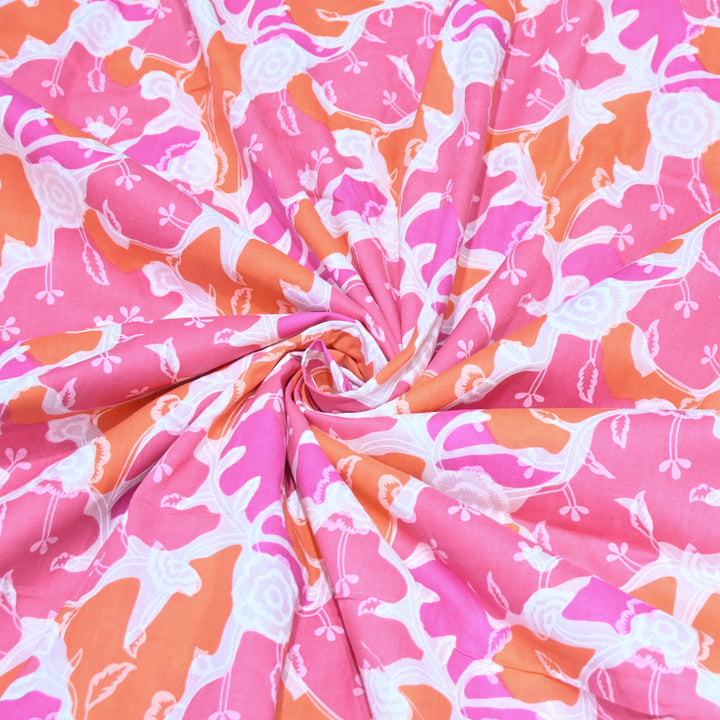 White Cotton Fabric with Pink Floral Print