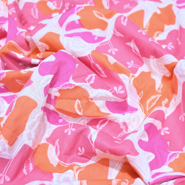 White Cotton Fabric with Pink Floral Print