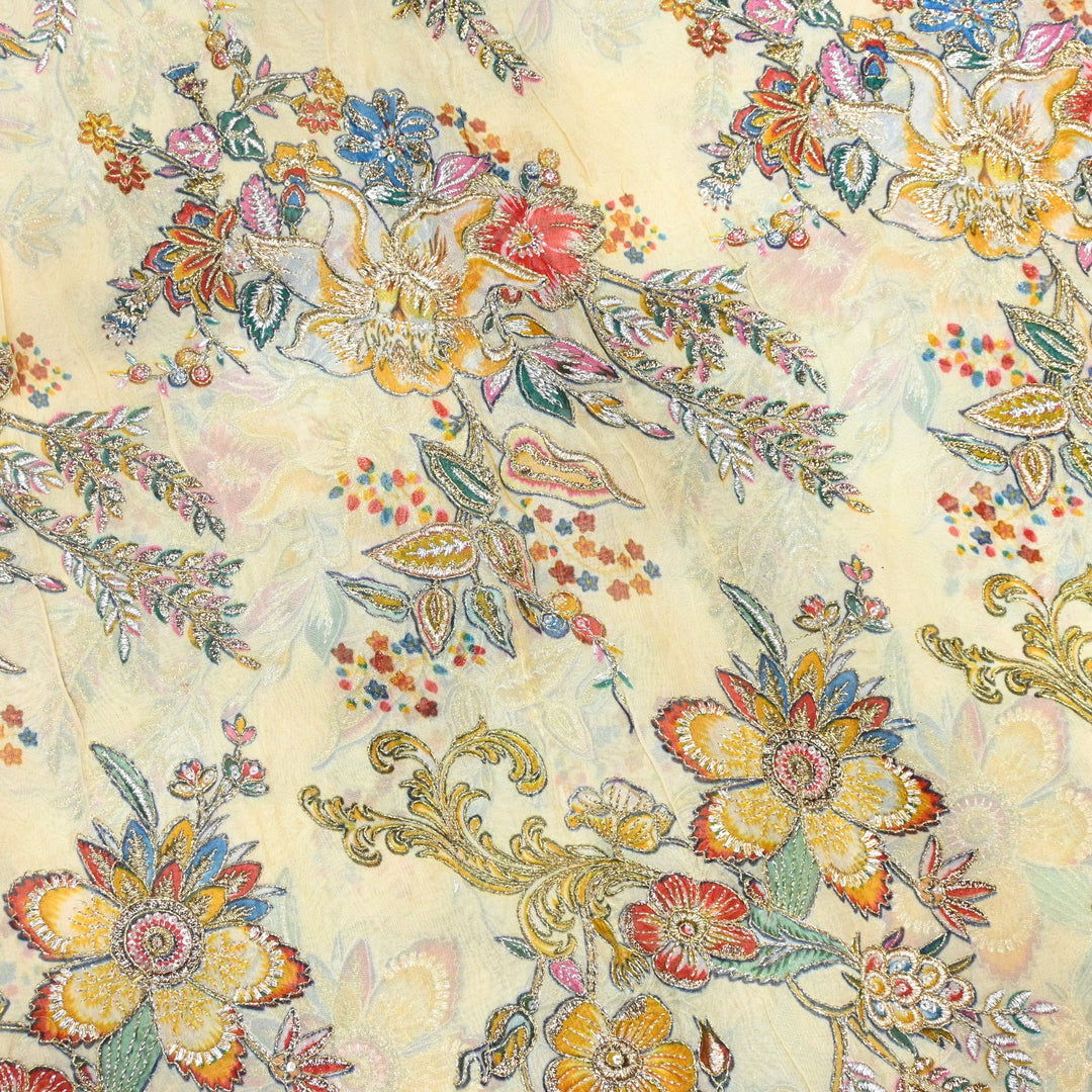 Viscose Organza Position Print with Zari & Kantha Embroidery